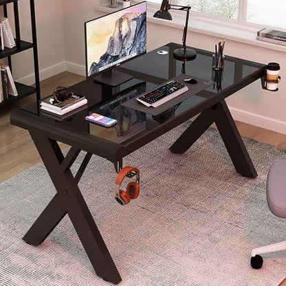 Tempered Glass Computer Desk, Modern Home Office Desk Personal Workstation with X-Shaped Metal Frame, Student Writing Desk Gaming Desk with Cable Management(80cm/31, Black) - color: Black, size: 80cm/31"