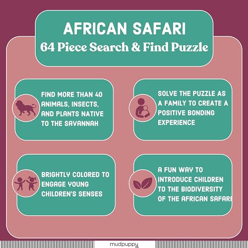 Mudpuppy African Safari — 64 Piece Search & Find Puzzle Jigsaw Puzzle Featuring Diverse Safari Animals and Over 40 Hidden Images to Find for Ages 4+ - color: African Safari