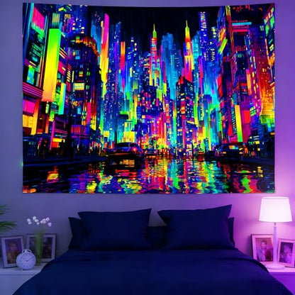 KKYEJLQYI UV Reactive Tapestry, Black Light Neon Wall Tapestry, Luminous Space Tapestry, Bedroom, Living Room, Game Room Decoration Large Tapestry, Cyber City - color: City-4