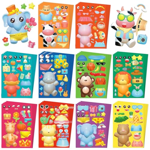 sinceroduct 50 Sheets Make a Face Sticker for Kids, 3D DIY Make Your Own Stickers,10 Styles Animal Face Stickers for Christmas Decoration, Gift, Reward, Travel, Valentine's Day Activities - style: Animal