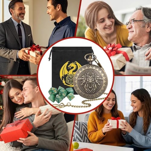 Acrylic DND Dice Set, Retro Dragon Pocket Watch Dice Set with Chain, 7pcs Polyhedral Dice, DND Starter Set, RPG Board Game Accessories, D&D Gifts for Fantasy Gamer, Gifts for Men Women, Green Dice - color: 3 Dragon Head C