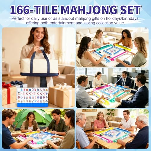 Deluxe American Mahjong Tile Set, 166 Unique Designer Tiles, Blue | Complete game kit with 4 pcs shuffler cards, 4 all-in-one racks/pushers and custom premium travel bag for family game night. - color: Blue