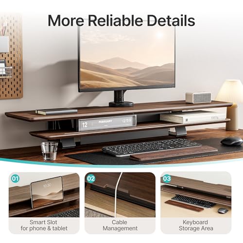 PEGZONE Dual Monitor Stand, Clamp-On Wooden Monitor Stands Riser for 2 monitors,41.7" Computer Monitor Riser for Desk, 2-Tier Desktop Organizer with Magnetic Back Panel for Computer & Laptops