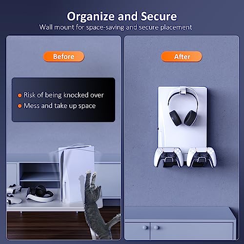 NexiGo Wall Mount Kit with Charging Station for PS5 and PS5 Slim/Pro Versions, Dual Controller Chargers, Steel Wall Stand, and Headphone Hanger - Compatible with PlayStation 5 (Disc & Digital) - style: PS5 Gen 1