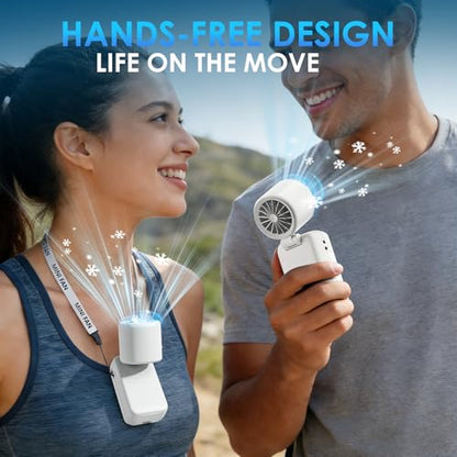 FurBall 4-IN-1 Portable Handheld Fan with Ice Cooling, High-speed Turbo Power 100 Gear Adjustable, LED Display, 6000mAh Rechargeable Battery, Foldable & Quiet Personal Fan for Travel, Office, Outdoor - color: Snow White