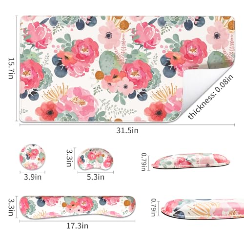 QIYI PU Leather Desk Mat Set, 4-in-1 Ergonomic Wrist Rest, Pink Flowers | Waterproof Large Mouse Pad 31.5×15.7 + Keyboard Wrist Rest + Mouse Wrist Support+Coaster, Non-Slip Office Gaming Accessories - color: Watercolor Pink Flowers
