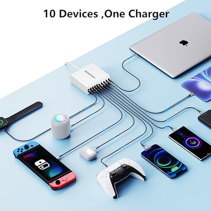 320W USB C Charger Block, 10-Port USB C Charging Station GaN III PD 65W Laptop Fast Charger Adapter for MacBook Pro/Air, DELL, iPad, iPhone, Samsung Galaxy White - color: White