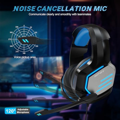 NPET H022 Blue Gaming Headset - Noise Cancelling Over-Ear Headphones with Mic, LED Lights, Bass Surround Sound for PS5, PS4, Xbox One, PC & Controller