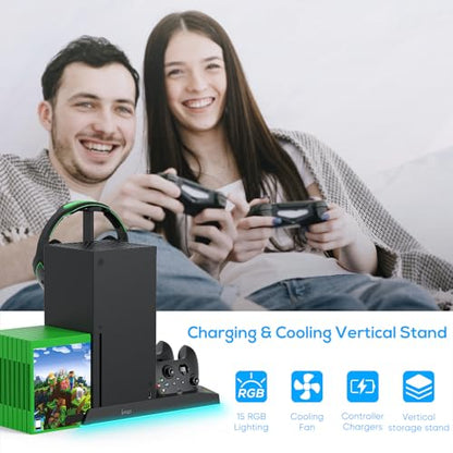 RGB Charging Stand with Cooling Fan for Xbox Series X Console & Controller | Dual Charge Station Cooler System Accessories with 15 RGB Light,2x1400mAh Rechargeable Battery,Headphone Stand,Game Disc Slot