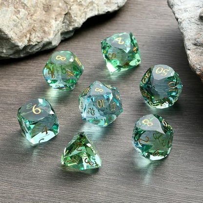 DNDND 7-Piece Glass Dice - Multifaceted Colorful DND Dice, Tabletop Gaming, Collectors | Premium Gift Box & Durable Design (Green and Blue) - color: Green and Blue