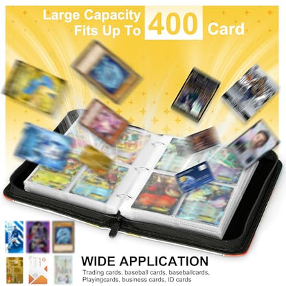 Portable 4-Pocket Trading Card Binder, 400 Pockets with 50 Removable Sleeves, Portable Collector Album with Zipper for TCG, Sport & Game Cards Prime