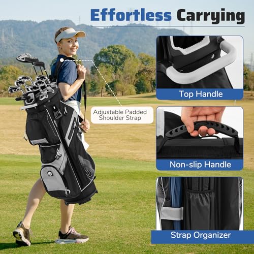 Goplus Lightweight Golf Cart Bag, Molded Lock Top Golf Club Bag w/14-Way Full Length Organizer Dividers, 11 Pockets, Cooler Bag, Straps, Umbrella Holder & Rain Hood for Men Women - color: Black+Grey