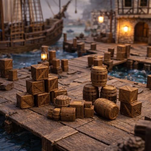 28mm 1:32 Scale Tabletop Terrain Set - 3D Printed Brown Wooden Scatter Props with Crates, Barrels, Treasure Chest & Kegs for Wargaming, RPG Diorama, Tavern & Dock Scenes (Brown)