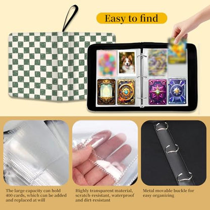 AXUASSILD 4 Pocket Card Binder, Premium Trading Card Holder Fits 400 Cards With 50 Removable Sleeves, Cute Portable Collection Card Ablum Holder Retro Green Plaid - color: Retro Green Plaid