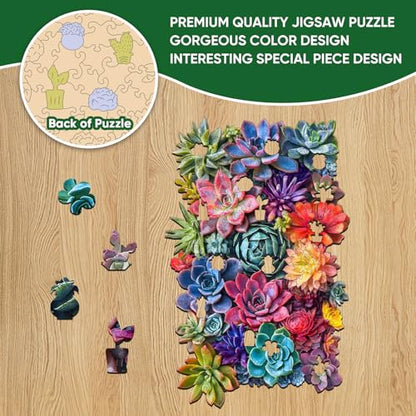 Delobil Rectangular Succulent Wooden Puzzles, 200 Pieces Jigsaw Puzzles 12.6'' x8'', Unique Design Wooden Puzzles for Adults and Kids, Family Game Gift - color: Rectangular Succulent, size: 200Pcs