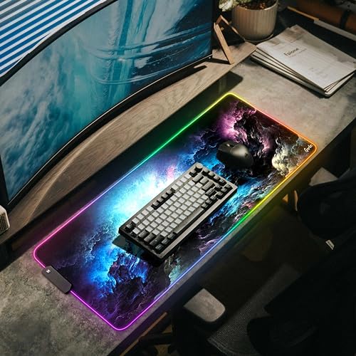 Gerlos RGB Gaming Mouse Pad, Large LED Desk Mat, 31.5 x 11.8 Inch | 12 light modes, non-slip base, water-resistant surface, stitched edges - color: Blue