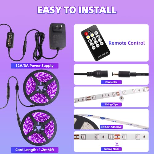 50 Foot Black Light Strip & Remote, 900LEDs, Dimmable, 3 Lighting Modes | 12V Flexible Black Lights forHalloween, Glow Neon Party, Bedroom, Classroom, Fluorescent Decor Tapestry Poster, Indoor - size: 50FT