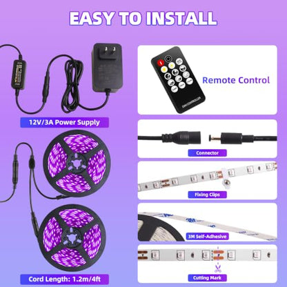 50 Foot Black Light Strip & Remote, 900LEDs, Dimmable, 3 Lighting Modes | 12V Flexible Black Lights forHalloween, Glow Neon Party, Bedroom, Classroom, Fluorescent Decor Tapestry Poster, Indoor - size: 50FT