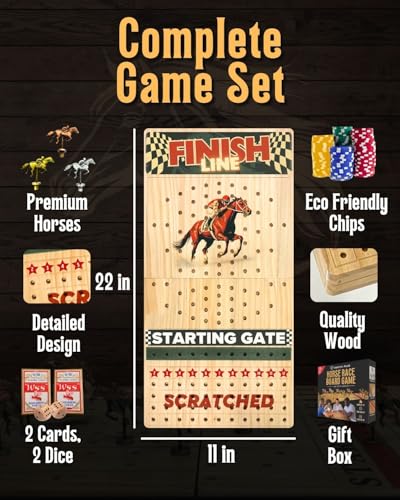Horse Racing Board Game - Large 22 Inches Folding Horse Race Game Board Adult - Exciting Family Racing Set with Built-in Storage for Premium Chips, 2 Sets of Cards, 2 Dice, and 11 Metal Derby Tokens - style: Checkered Flag