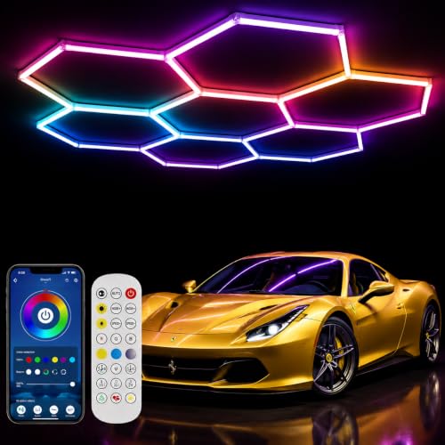 31Pack RGB 7 Hexagon LED Garage Lights - Music Sync Color Changing,App & Remote Control,358 Modes DIY Honeycomb Light for Gaming Room,Gym,Garage - color: RGB-31Lights-7Hexagon