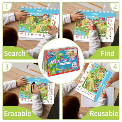 Elfew Search and Find Reusable Activity Book for Kids 3-5 4-8, Travel Games | 24 Unique Themed, Wipe Clean Educational Toys, Car Games Travel Toys for Toddlers, Kids Airplane Road Trip Travel Essentials - color: Search and Find Cards