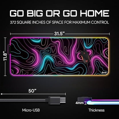 Gerlos RGB Gaming Mouse Pad, Large LED Desk Mat, 31.5 x 11.8 Inch | 12 light modes, non-slip base, water-resistant surface, stitched edges - color: Neon Pink