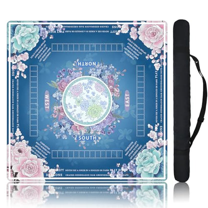Blue Mahjong Mat for Table, American Mahjong Mat with Rules, 31.5''x31.5'' | Non-Slip & Noise Reduction Mah Jongg Gift with Carrying Bag for Poker, Board Games, Dominoes, Cards & Tile Games - color: Blue