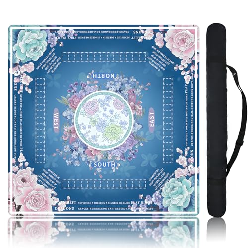Blue Mahjong Mat for Table, American Mahjong Mat with Rules, 31.5''x31.5'' | Non-Slip & Noise Reduction Mah Jongg Gift with Carrying Bag for Poker, Board Games, Dominoes, Cards & Tile Games - color: Blue