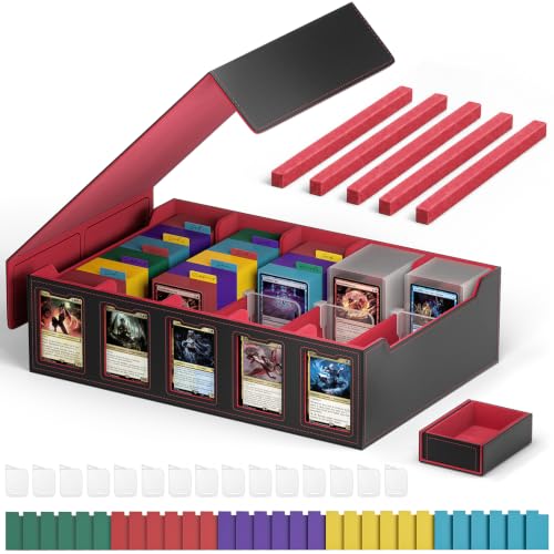 Foluck Trading Card Storage Box with Commander Display Holds 4200+ Cards | Dual-Function Magnetic Lid, Adjustable Storage, with 15 Stoppers, 30 Dividers 5 EVA Spacers, 1 Dice Box, Fits for TCG, CCG - color: Red, size: 5-Row
