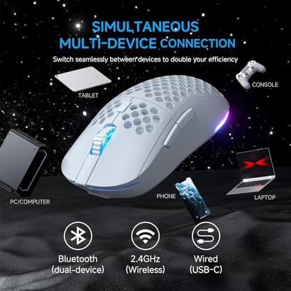 TMKB Falcon M1 Wireless Gaming Mouse, 24000DPI Optical Sensor, 180Hrs Battery, Lightweight, 6 Programmable Buttons, RGB Strip, 2.4G/BT5.2/USB-C Wired for PC/Mac/Laptop - Matte White