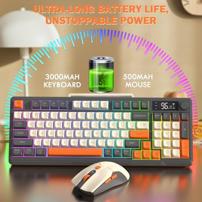 FREEWOLF T96 Smart Display Wireless Gaming Keyboard and Mouse Comb, 94Key LED Lighting Rechargeable Silent Membrane Keyboard with Knobs, 2000mAh Battery, 6-Button 4KDPI Mouse for Win/Mac(Glimmer) - color: Glimmer