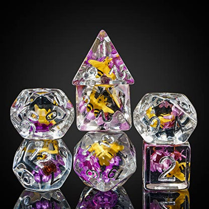 Cusdie 7-Die DND Dice, Polyhedral Dice Set Filled with Animal, for Role Playing Game D&D Dice (Bee Purple Flower) - color: Bee Purple Flower