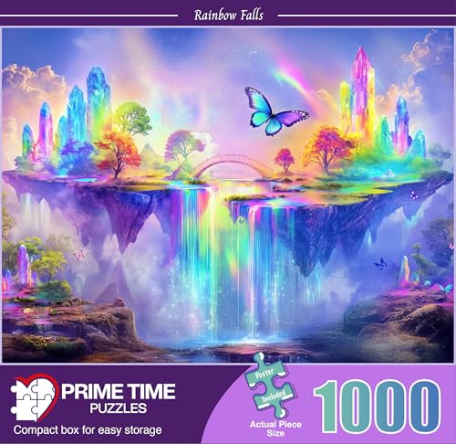 1000 Piece Jigsaw Puzzle for Adults - Fantasy Butterfly and Rainbow Crystal Waterfall - Magical Landscape - Challenging Puzzle Perfect for Game Nights. 20x27 inches - color: Rainbow Falls