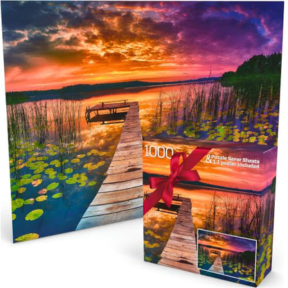 Puzzles for Adults 1000 Pieces - Real-Photo Lake Sunset Jigsaw Puzzle with Matte Finish, Letters on Back, Full-Size Poster, 8 Saver Sheets & Gift-Ready Box - color: Sunset on the Lake