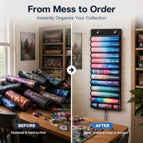 Playmat Tube Storage Bag, 12+1 Hanging Playmat Organizer for MTG/TCG Playmats, Oxford Cloth Holder with Clear PVC Windows, Roll-Up Compact Design, Includes 2 Metal Door Hooks