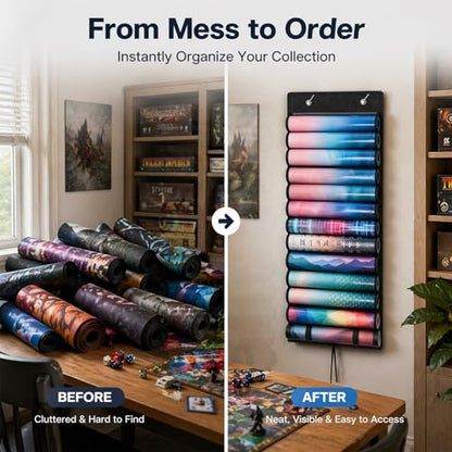 Playmat Tube Storage Bag, 12+1 Hanging Playmat Organizer for MTG/TCG Playmats, Oxford Cloth Holder with Clear PVC Windows, Roll-Up Compact Design, Includes 2 Metal Door Hooks
