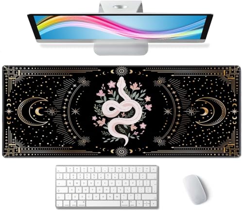 Boho Snake Witch Desk Mat Moon Phases XL Mouse Pad Large Full Desk Mousepad Gaming Extended Keyboard Mouse Mat Desk Pad for Computer Laptop 31.5''X11.8'' Non-Slip Rubber Base with Stitched Edges - color: Boho Snake Witch Moon Phases
