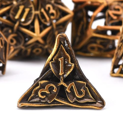 AUSTOR 7 Pieces DND Dice Set Leaf Metal Hollow Polyhedral Dice D20 D12 D10 D% D8 D6 D4 with Metal Box for Dungeons & Dragons RPG Board Games(Antique Gold) - color: Antique Gold