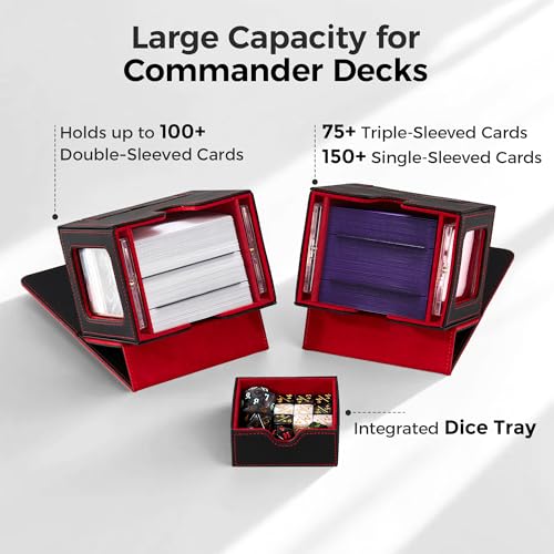 MTG Commander Deck Box with Dual Display Windows and Dice Tray | Fits 100 Double-Sleeved Cards, PU Leather, 2 Magnetic Card Holders, 2 Dividers, Black & Red - color: 2. Black & Red