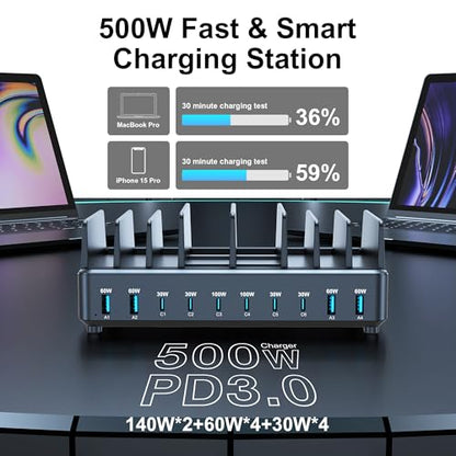 chipofy 500W Charging Station for Multiple Devices with Stand | 10-Port Multi USB C Fast Charger, with Organizer Stand, for MacBook Laptop, iPad, iPhone 17 16 Pro Max, Galaxy S25/S24