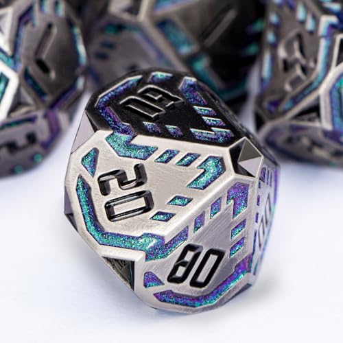 Metal DND Sci-fi Dice Set 7PCS Stripe Polyhedral Dice for Dungeons Dragons RPG Role Playing Game, Glitter D and D Dice with Gift Box D6 D8 D10 D12 D20 (Grey&Purple Green) - color: Silver Gray - Purple Green