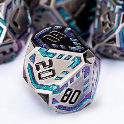 Metal DND Sci-fi Dice Set 7PCS Stripe Polyhedral Dice for Dungeons Dragons RPG Role Playing Game, Glitter D and D Dice with Gift Box D6 D8 D10 D12 D20 (Grey&Purple Green) - color: Silver Gray - Purple Green