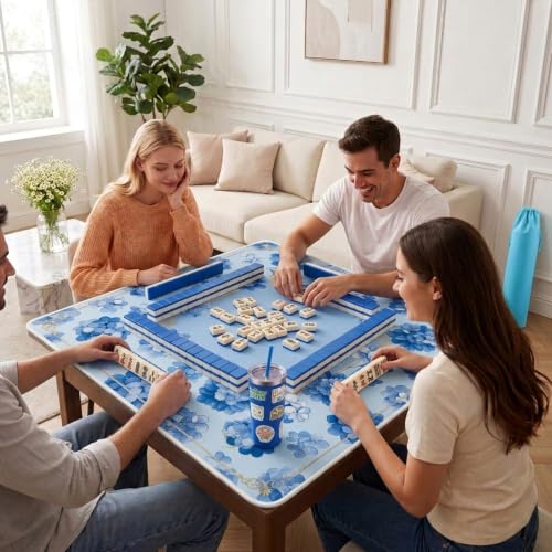 Blue Mahjong Mat for Table & 50PCS Stickers| Carrying Bag, Heavy Floral Mahjong Mats & 2 Dices, Noise Reduction Non Slip Foldable, 31.5x31.5 Game Table Cover, for Playing Card, Board Tile Games - color: Blue