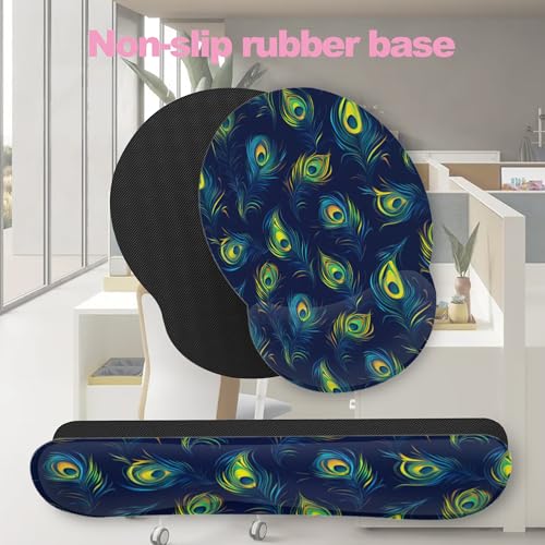 Blue Peacock Feather Keyboard Wrist Rest Pad and Mouse Pad Wrist Support Set,3-in-1 Ergonomic Mouse Pad with Non-Slip Rubber Base for Home Office Game Computers Desk, - color: Blue Peacock Feather