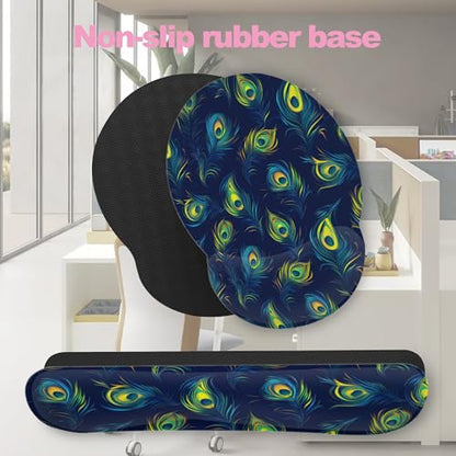 Blue Peacock Feather Keyboard Wrist Rest Pad and Mouse Pad Wrist Support Set,3-in-1 Ergonomic Mouse Pad with Non-Slip Rubber Base for Home Office Game Computers Desk, - color: Blue Peacock Feather