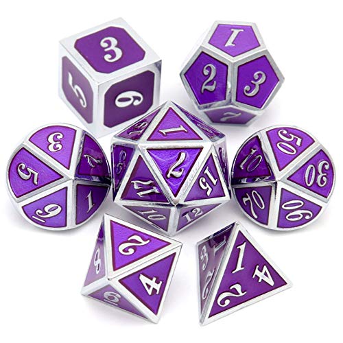 Haxtec Metal DND Dice Set Silver Royal Purple Enamel D&D Dice with Leather Dice Bag Compatible with Dungeons and Dragons TTRPG Gift for DND Lovers Players Masters - color: Silver Purple