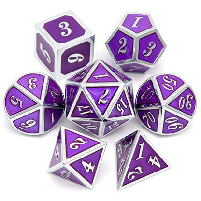Haxtec Metal DND Dice Set Silver Royal Purple Enamel D&D Dice with Leather Dice Bag Compatible with Dungeons and Dragons TTRPG Gift for DND Lovers Players Masters - color: Silver Purple