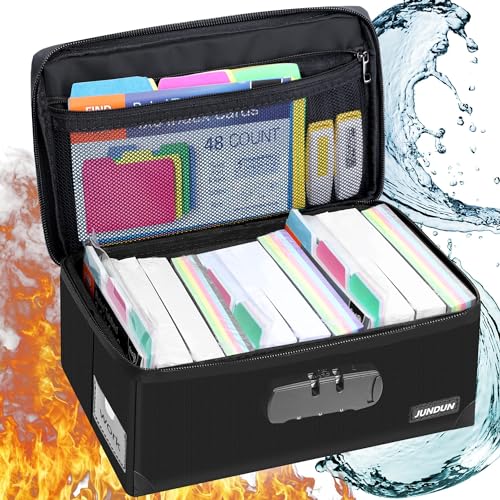 JUNDUN Fireproof Index Card Holder with Lock | Fits 1200 3x5-Inch Flash Cards, Business, Recipe, or Note Card Collapsible Storage Box, Black - color: black, size: 3x5" without dividers