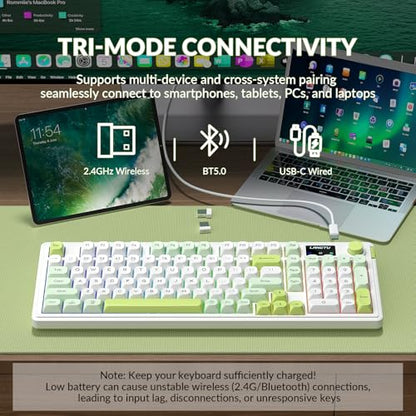 L98 Wireless Gaming Keyboard Green Cute Creamy Keyboard with Number Pad, Tri-Mode BT5.0/2.4GHz/USB-C, RGB Backlit, Quiet Office Computer Keyboards for PC Mac Laptop (Green White)