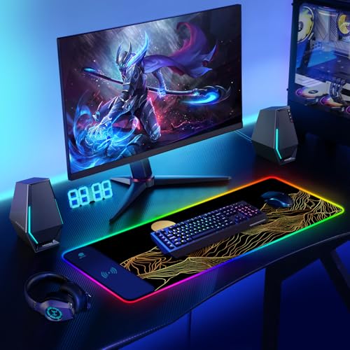 ToLuLu RGB Wireless Charging Gaming Mouse Pad, 7.5/10/15W 10 Light Modes LED Mouse Pad Computer Keyboard Mat Mousepad, 800x300x4MM Extended Large Desk Mat Desk Pad, Sun Shines Over Golden Mountain - color: Sun Shines Over Golden Mountain